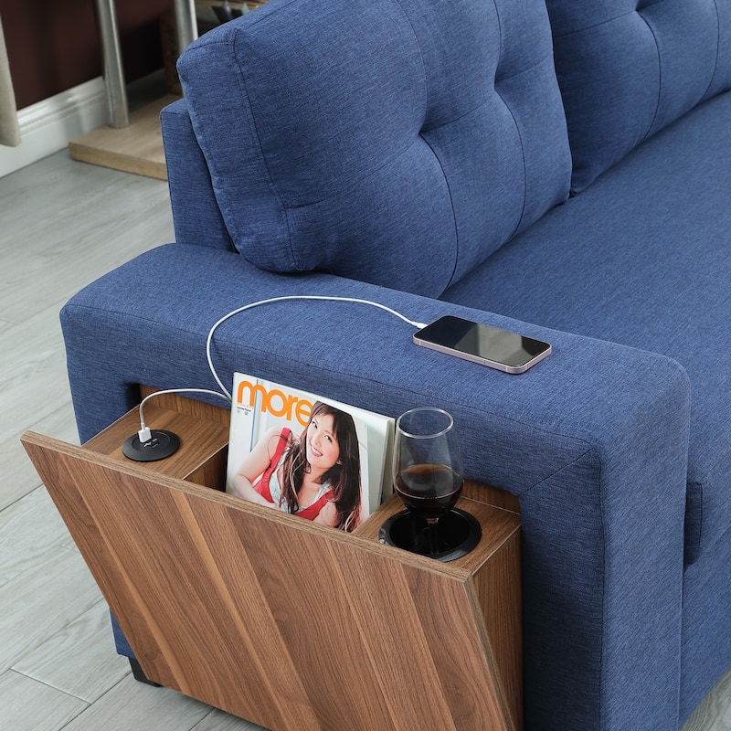 Linen L-Shaped Convertible Sectional Sofa Bed with Storage and Wooden Accent