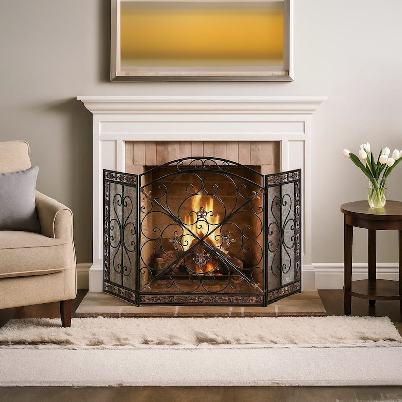 Traditional 3 Panel Metal Fire Screen With Filigree Design, Bronze, Black - Bronze, Black
