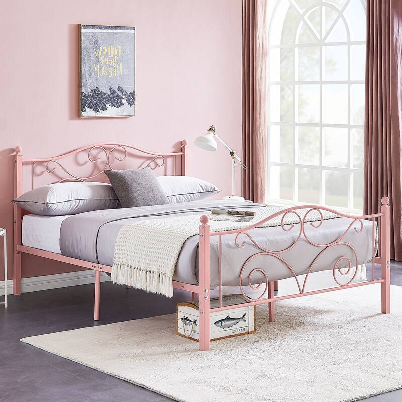 VECELO Metal Platform Bed Frame with Scroll Headboard, Twin/Full/Queen Size Beds