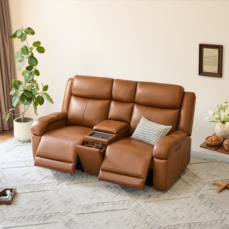 Spruce & Spring Hadlee Genuine leather Reclining Sofa with Multi-Function Console.