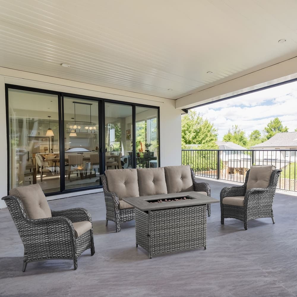 Gymojoy 4-Piece Outdoor Wicker Patio Furniture with Fire Pit Table, Rattan Coversation Set with Water Resistant Thick Cushions