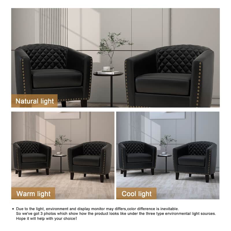 Faux Leather Tufted Nailheads Upholstered Barrel Accent Chairs