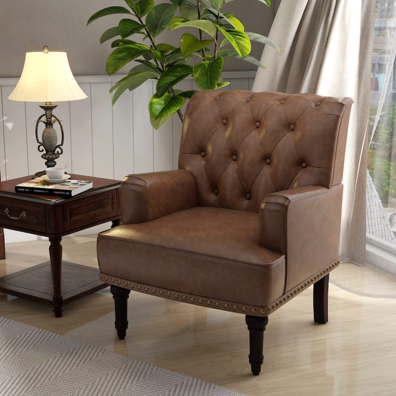 Mid-Century Leather Tufted Accent Chair for Living Room - Brown