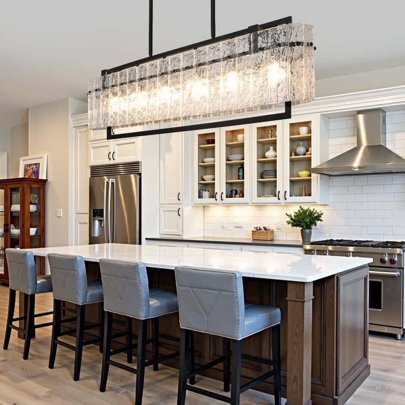 6 lights Rectangle Black Crystal Chandeliers for Dining Room, 39" Large Linear Water Ripple Glass Island Light Fixture