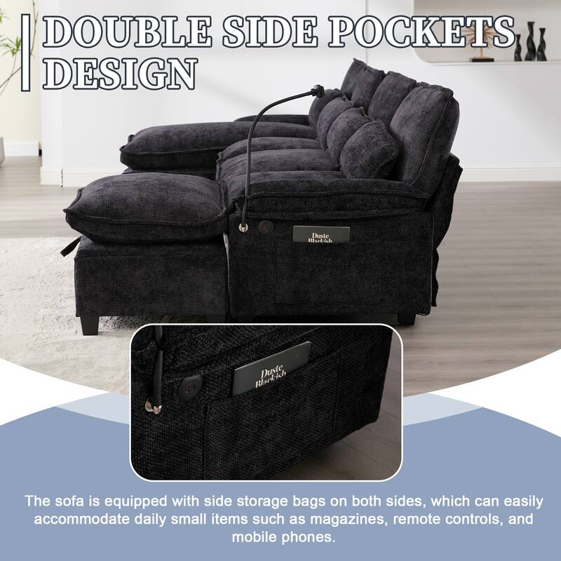 Chenille U-shape Sectional Sofa with Chaise and Storage Ottoman, Modular Couch with USB/Type-C Ports, Side Pockets, Phone Holder