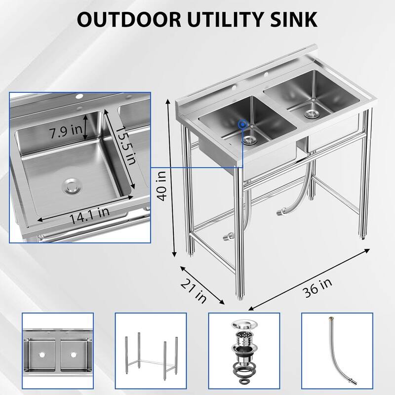 36x21x40 Inch Free Standing Dual Bowl Kitchen Utility Sink