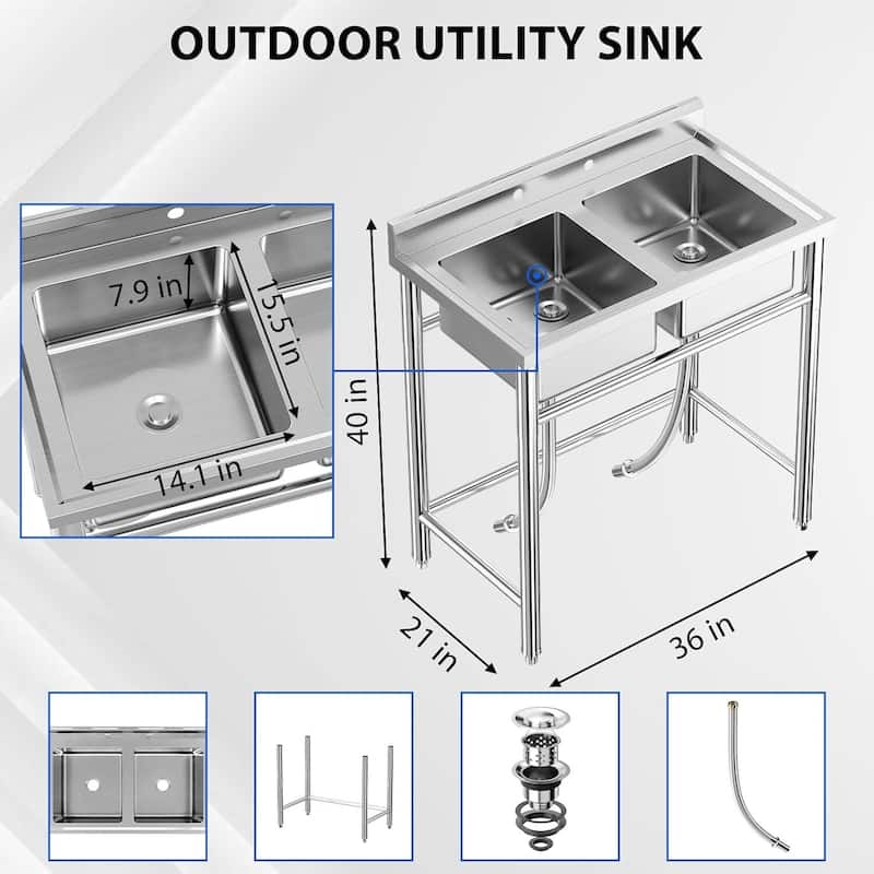 Freestanding Stainless Steel Double Bowl Sink for Garage, Kitchen