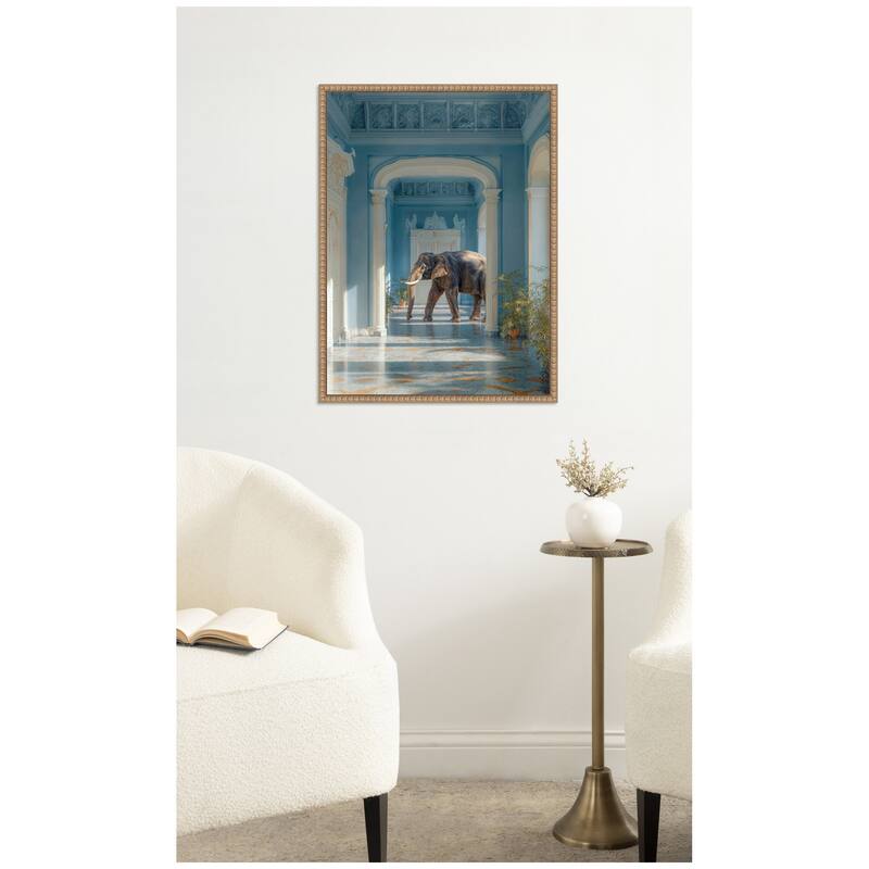Kate and Laurel Elephant Strolling Through the Blue Wing by Michael Schauer Framed Canvas Wall Art Print