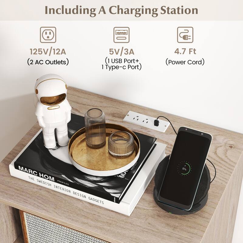 Gymax Record Player Stand w/Charging Station 5 Storage Compartments