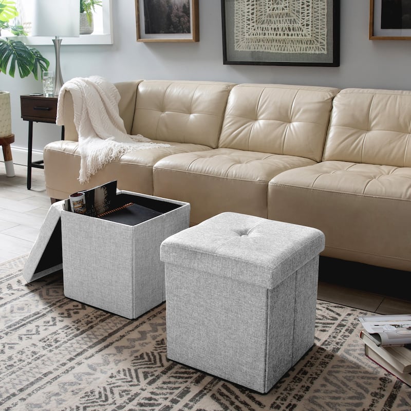 Simplify Linen Look Single Foldable Ottoman in Grey