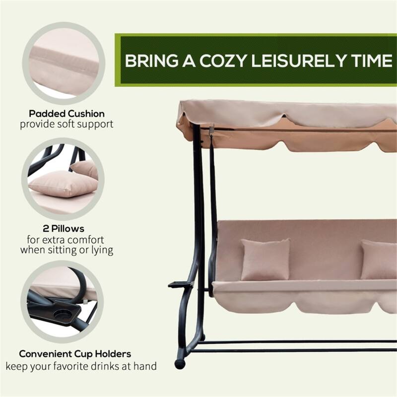 Convertible Patio Swing Bench with Steel Frame and Soft Cushions Pillows Canopy and Cup Holders - 78.75" L x 47.25" W x 64.5" H