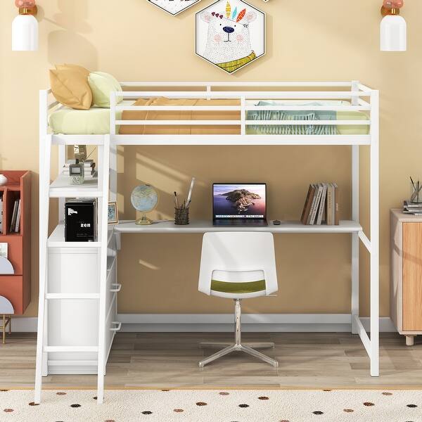slide 2 of 14, Twin Size Loft Kids Bed Frame with Desk, Shelves & Two Built-in Drawers, White White