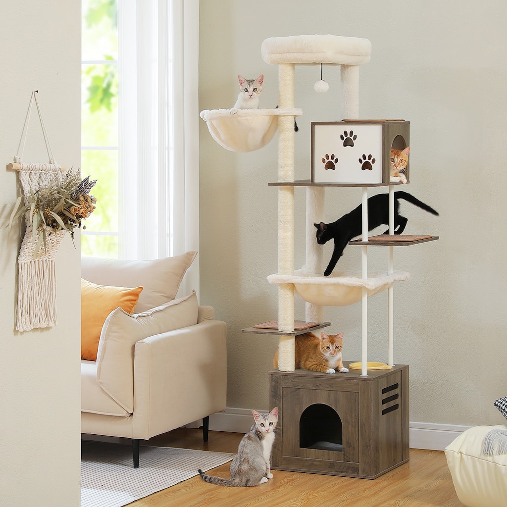 74.8 Inches Wooden Cat Tree, Cat Tower with Food Station, Condos & Hammocks, Spacious Perch & Scratching Mat