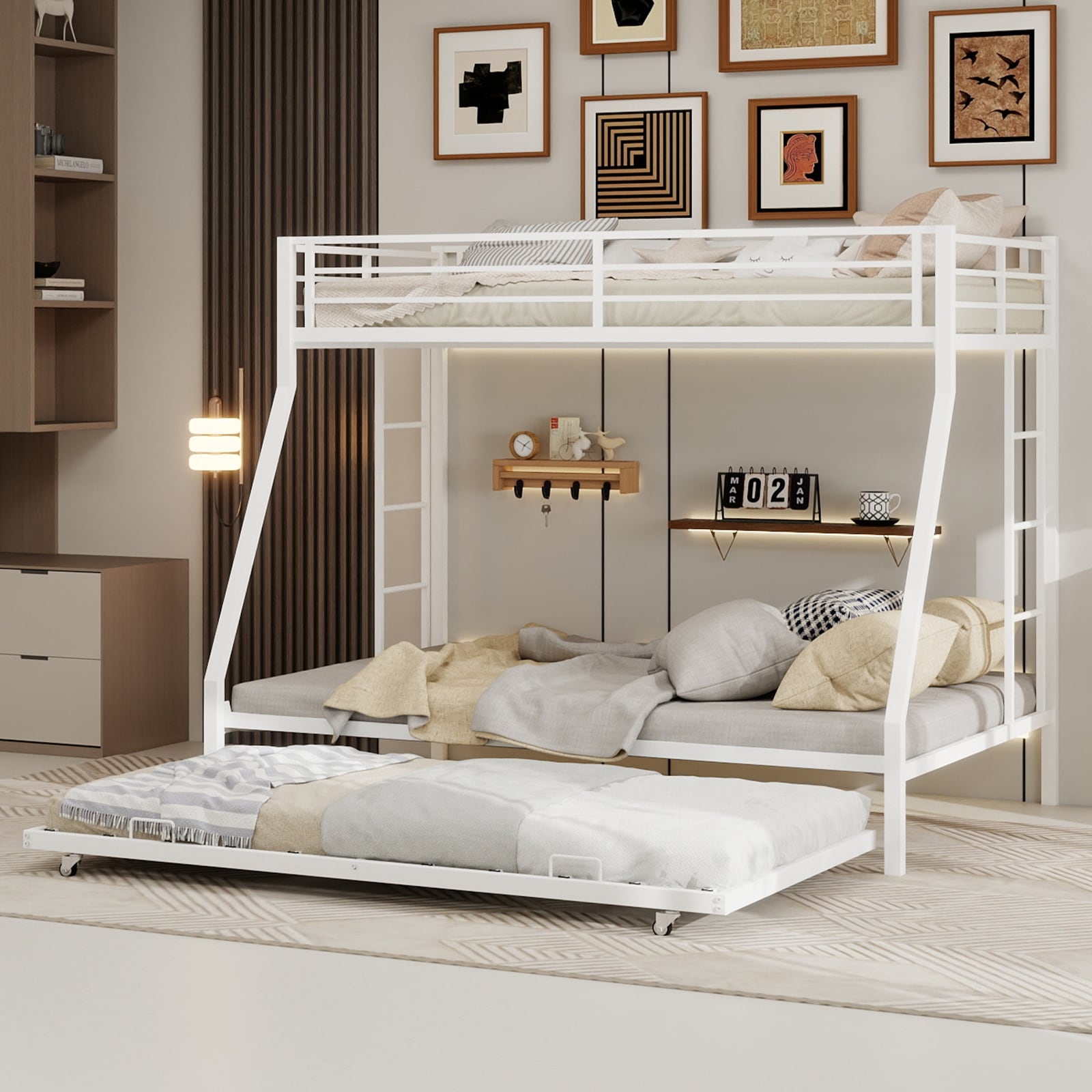 GDFStudio - Square Tube Metal Full Bunk Bed with Ladder & Trundle
