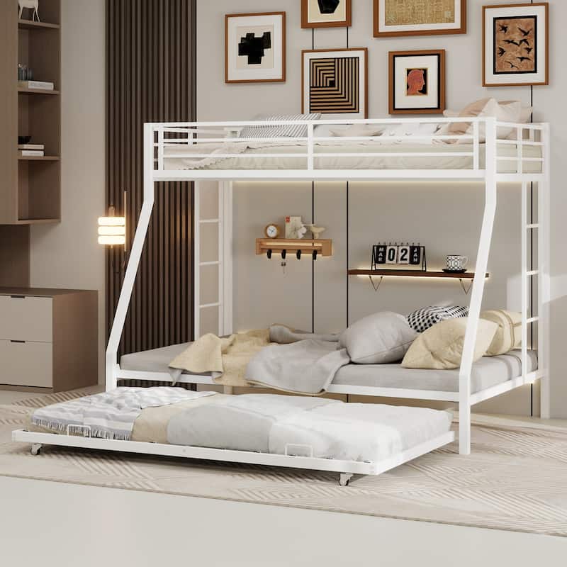 Modern Square Tube Bunk Bed with Ladder and Rolling Trundle Bed - White - Full