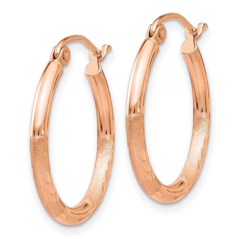 Curata 14k Rose Gold Light Weight 2x20mm Satin Diamond-Cut Hoop Earrings