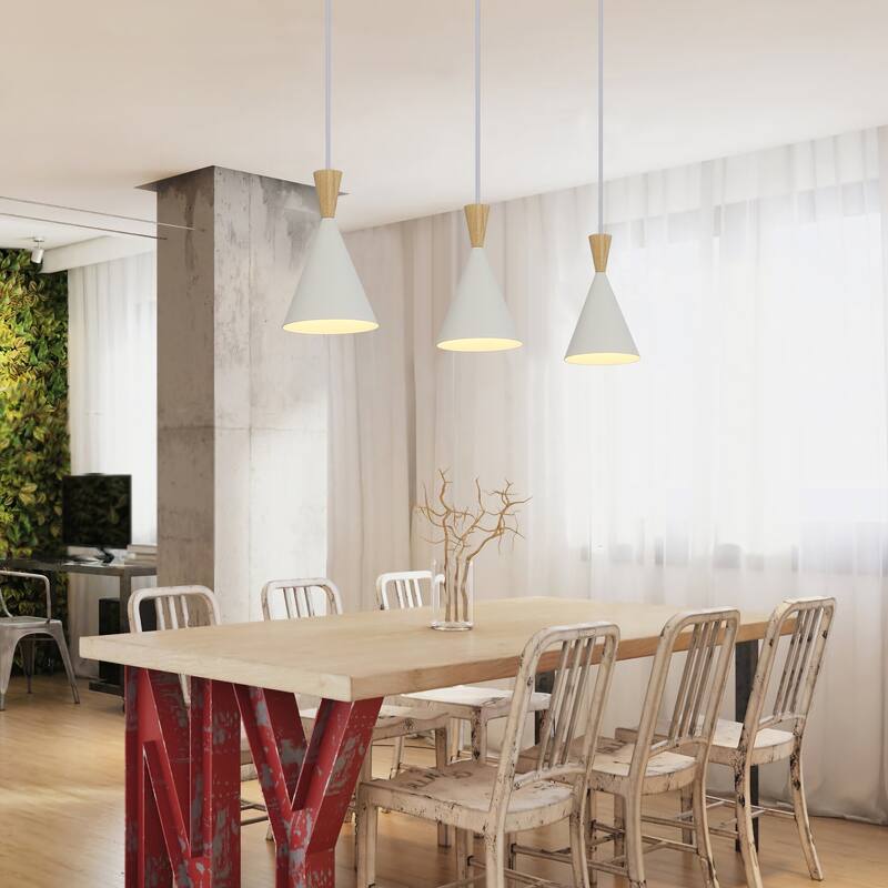 Modern Black/White Pendant Light Fixture with Plug in Cord Wood Metal, Adjustable Chandelier Hanging Lamps for Bedroom