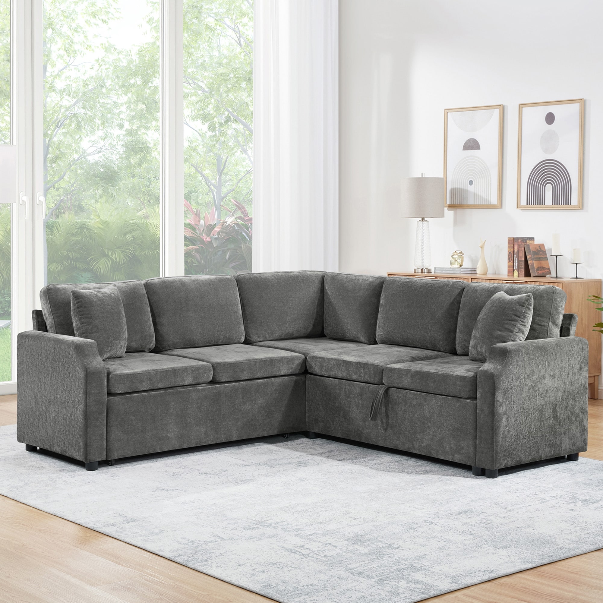 Chenille Upholstered Sectional Sofa Bed, 81.9" L Shaped Corner Sofa with Pull-Out Bed and Integrated Storage