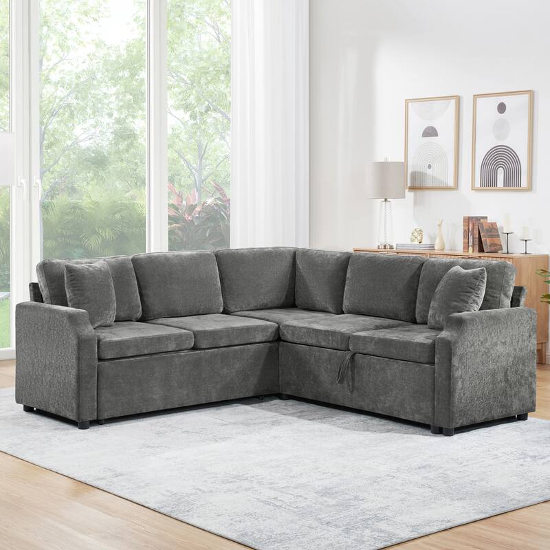 L-Shaped Sectional Upholstered Sleeper Sofa Convertible Pull-out Sofa Bed with Hidden Storage Space, Chenille Fabric