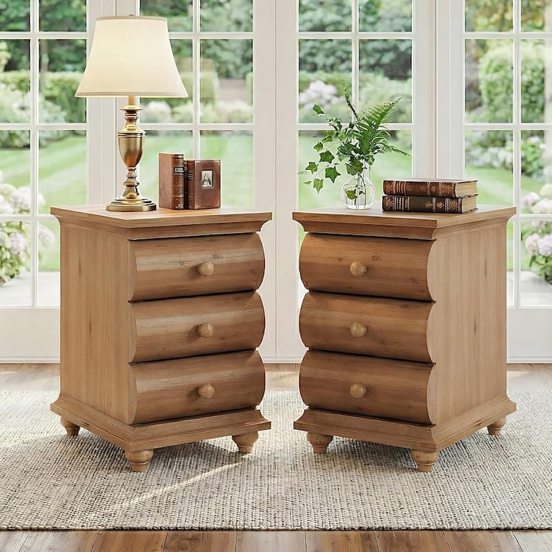 Solid Wood End Table, 3 Drawers Narrow Sofa Side Table with Finished Back - 2-Piece