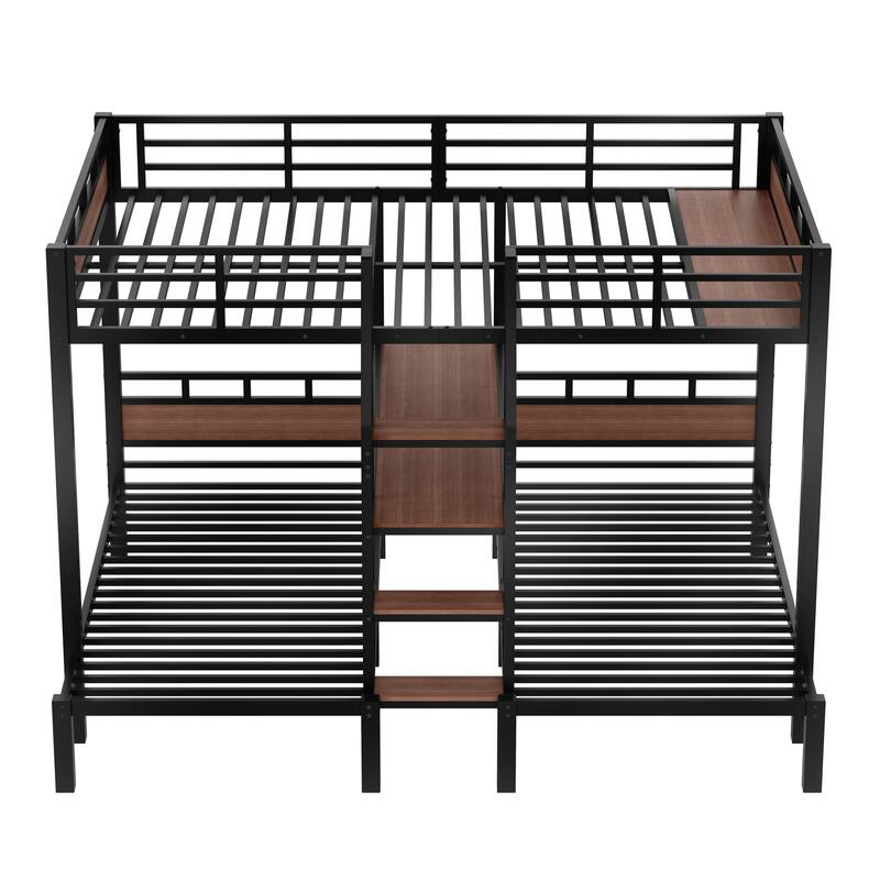 1+2 Sleeping Layout, Triple Bunk Bed for Multi Children with Stairs and Shelf, Queen Over Twin Over Twin Metal Bed Frame