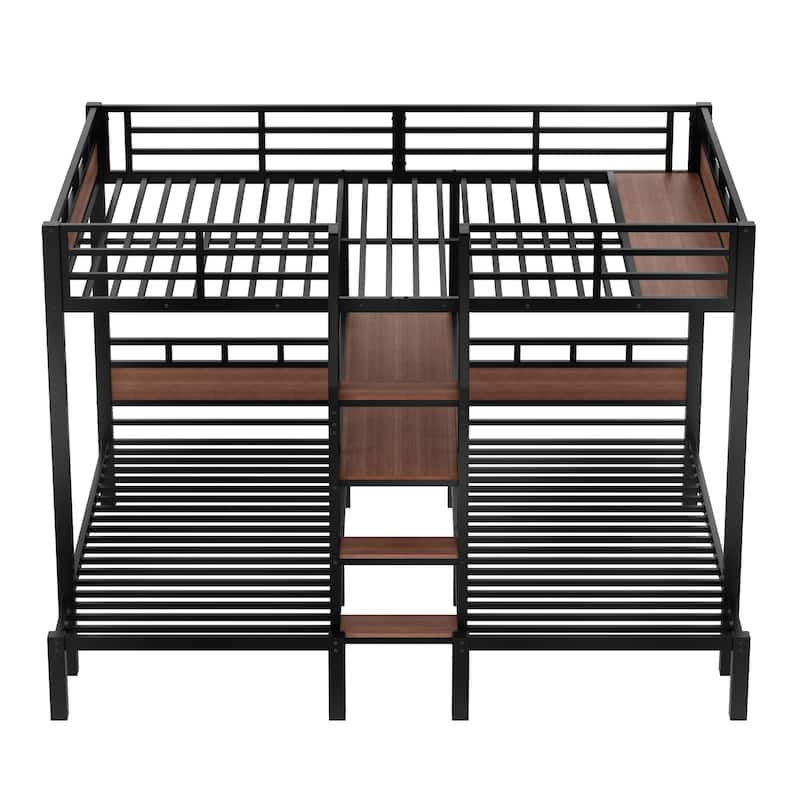 Queen Over Twin Over Twin Metal Bunk Bed ,Triple Metal Bunk Bed With Storage Shelves And Storage Stairs,Black