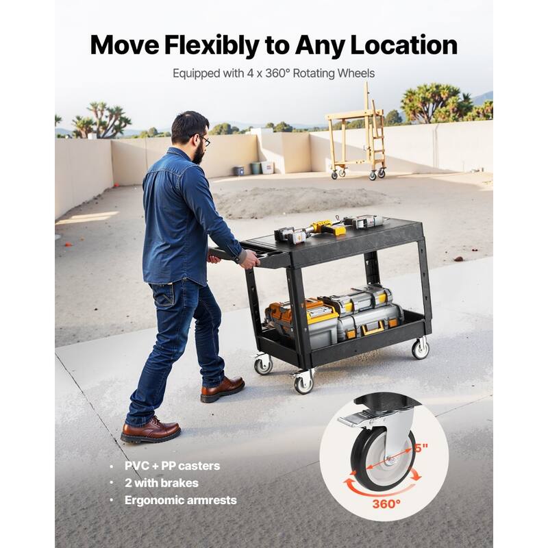 2-Shelf Utility Cart with Wheels, Heavy Duty Service Cart for Workshop - 44 x 25.5 x 34.1 in