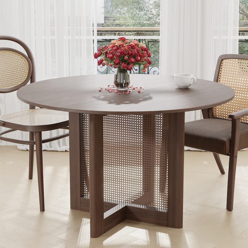 Farmhouse Kitchen Dining Room Table Furniture Round Kitchen Table with Rattan Woven Legs for Kitchen Bar Living Room - 46"x46" - Walnut