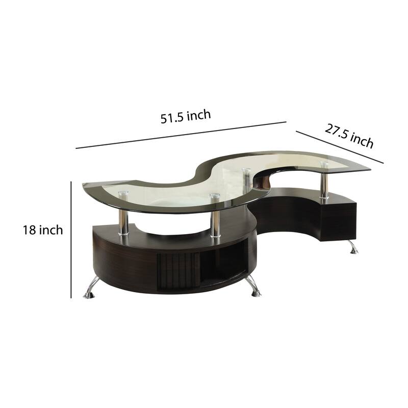 S Shape Contemporary Wood Base Coffee Table with Glass Top,Silver and Brown
