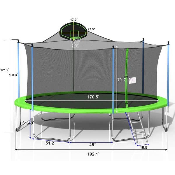 dimension image slide 1 of 2, Outdoor Trampoline with Basketball Hoop,Safety Enclosure Net