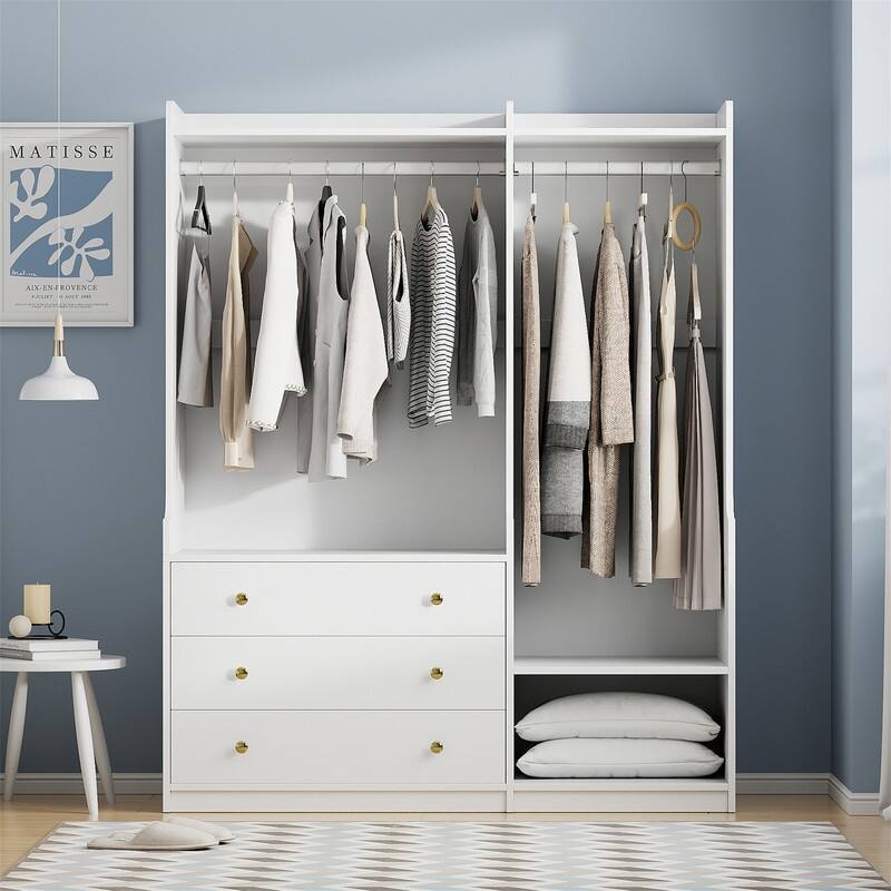 Open Style Wardrobe Closet with 3 Large Storage Drawers and Hanging Rods, Modern Armoire Clothing Organizer with Storage Shelves - White