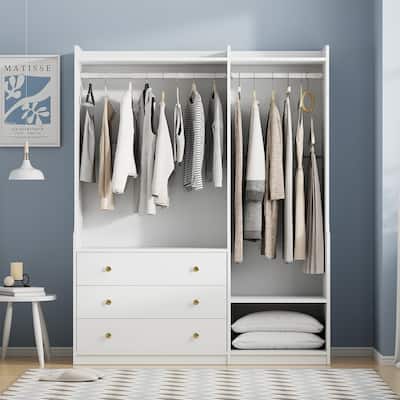 Open Style Wardrobe Closet with 3 Large Storage Drawers and Hanging Rods, Modern Armoire Clothing Organizer with Storage Shelves