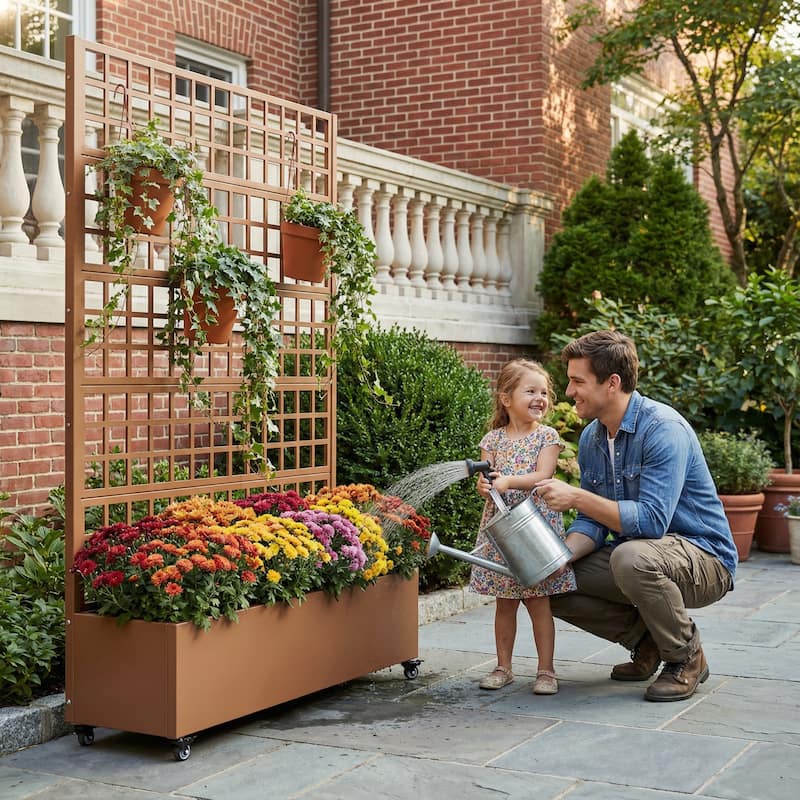Movable Raised Garden Bed with Trellis and Lockable Wheels