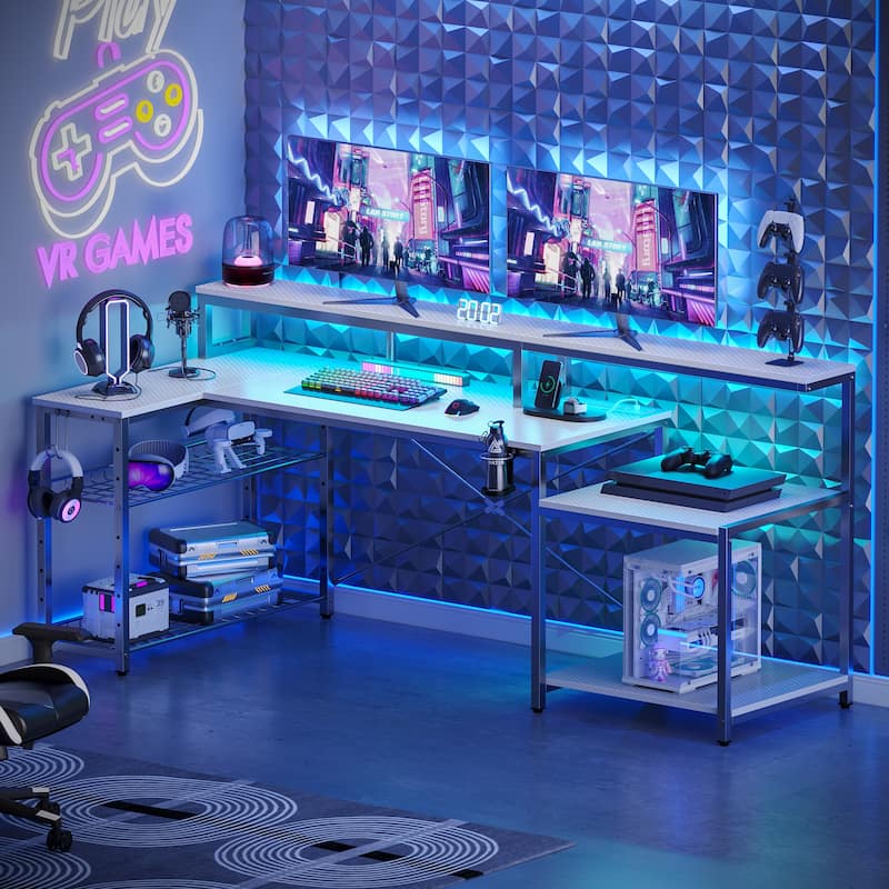 Bestier 71.5“” Computer Desk with Power Outlets, L Shaped LED Home Office Desk with Long Monitor Stand and Cup Holder & Hooks