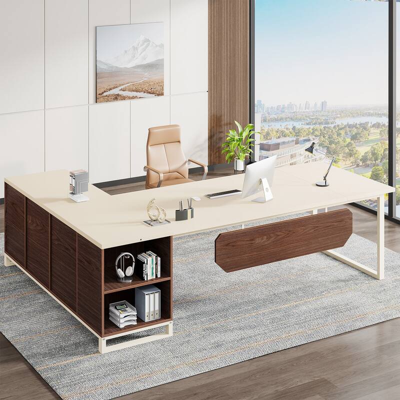 70.8-Inch Executive Desk with 55-Inch File Cabinet, Large L Shaped Computer Desk with Storage Cabinet and Shelves - Beige & Walnut