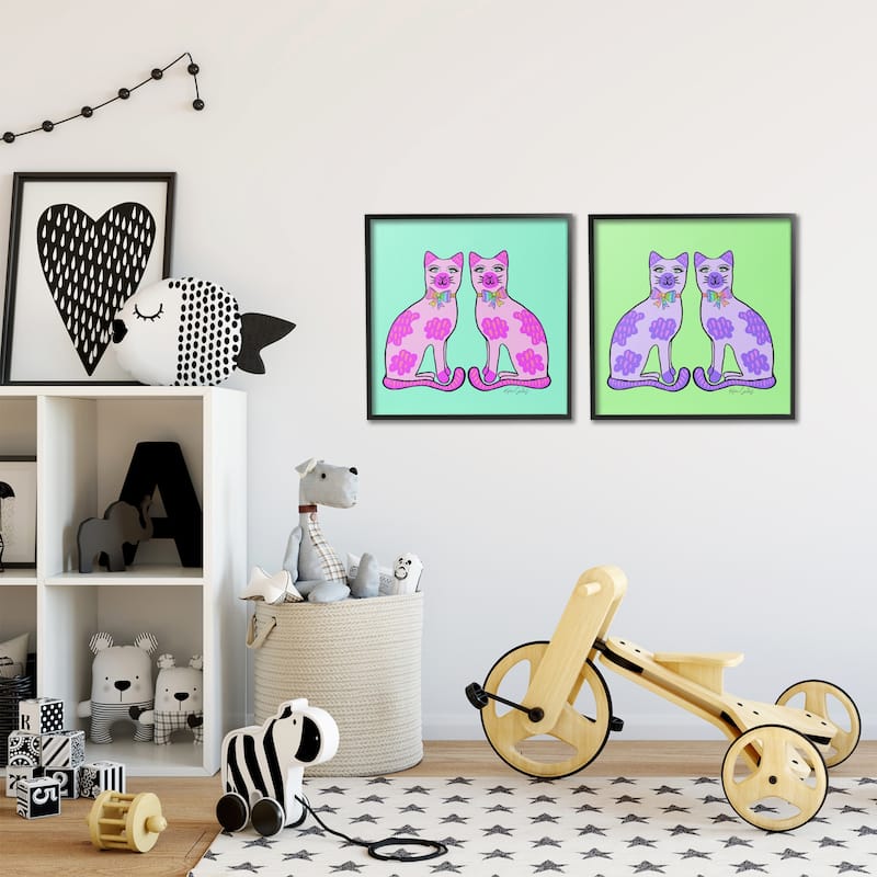 Stupell Bright Purple Cat Pairs Framed Giclee Art Design By Katie Conley (Set of 2)