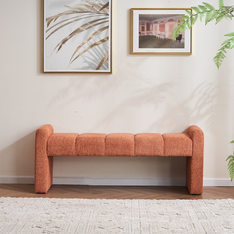 54" Boucle Bedroom Bench with Channel Tufted - Straight Arm - Orange
