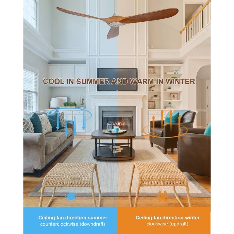 Indoor Outdoor Wood Ceiling Fan No Light, 60" Reversible Ceiling Fan, 3 Solid Wood Blades, 6 Speeds
