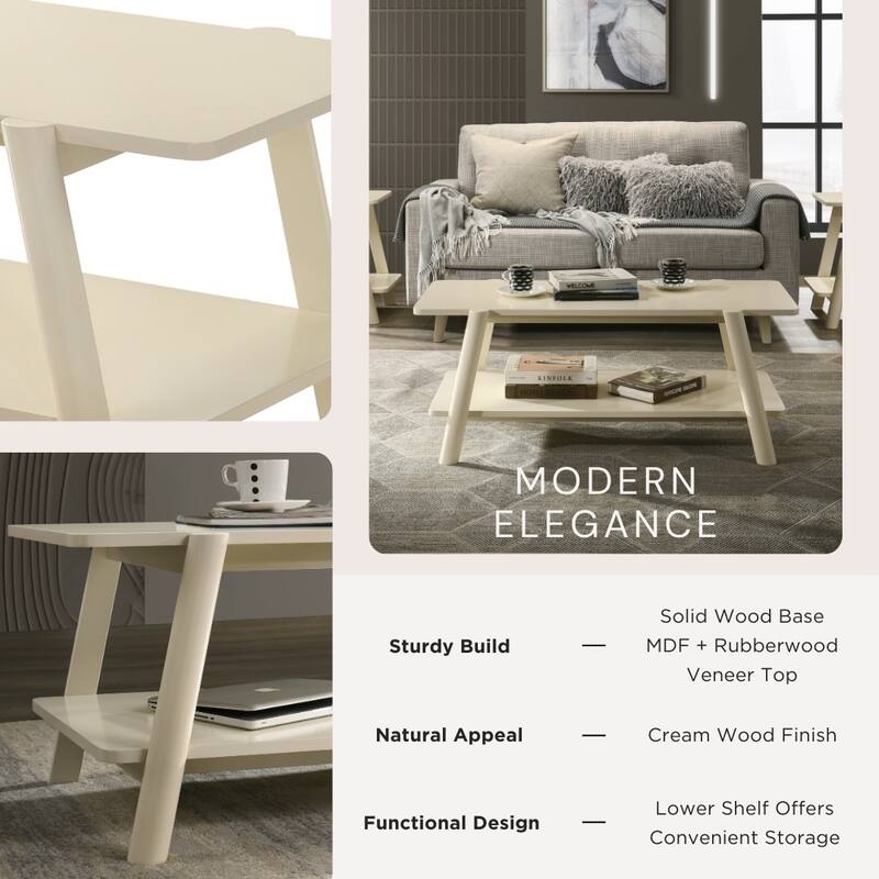 Mid-Century Modern Wood Shelf Coffee Table, Off-White Finish