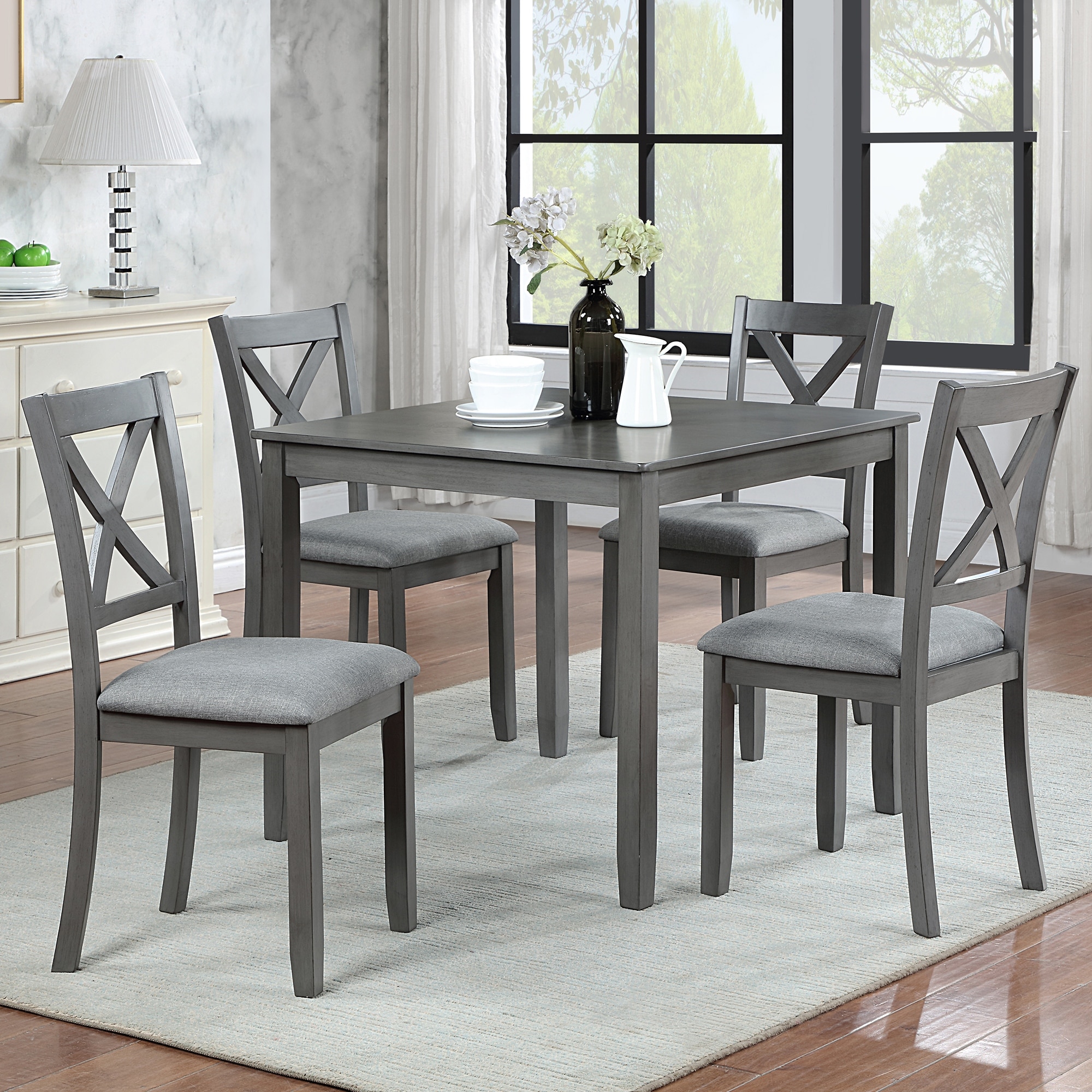 GDFStudio - Dunmore Farmhouse 5-Piece Dining Set with Wooden Square Dining Table and Wooden Upholstered Dining Chairs
