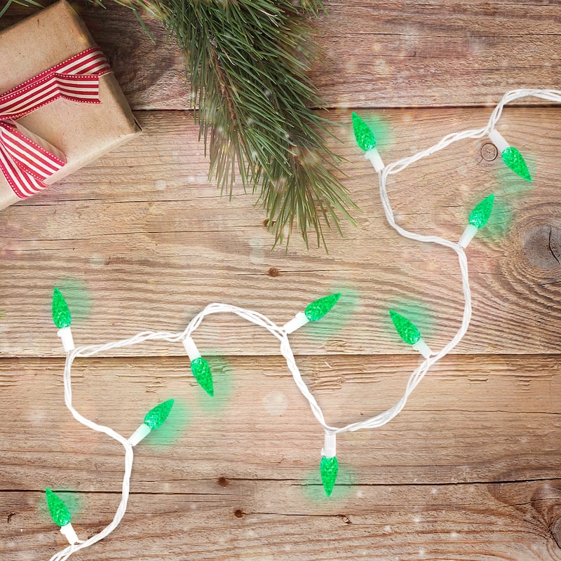 70 Count Green LED C6 Faceted Christmas Lights 22.5 ft White Wire - 22.5'