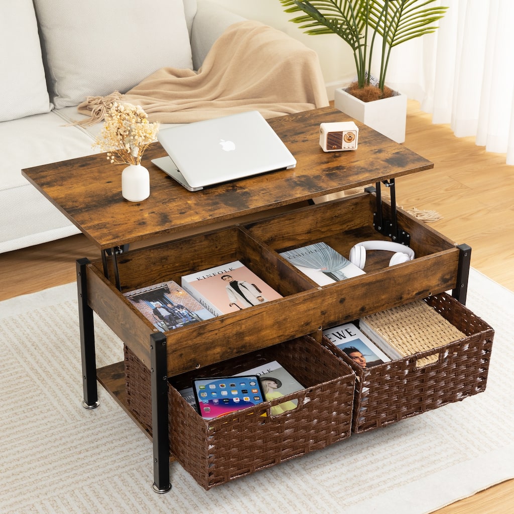 Brown Wood Coffee & End Tables with a Lifting Table,and Hidden Storage Space