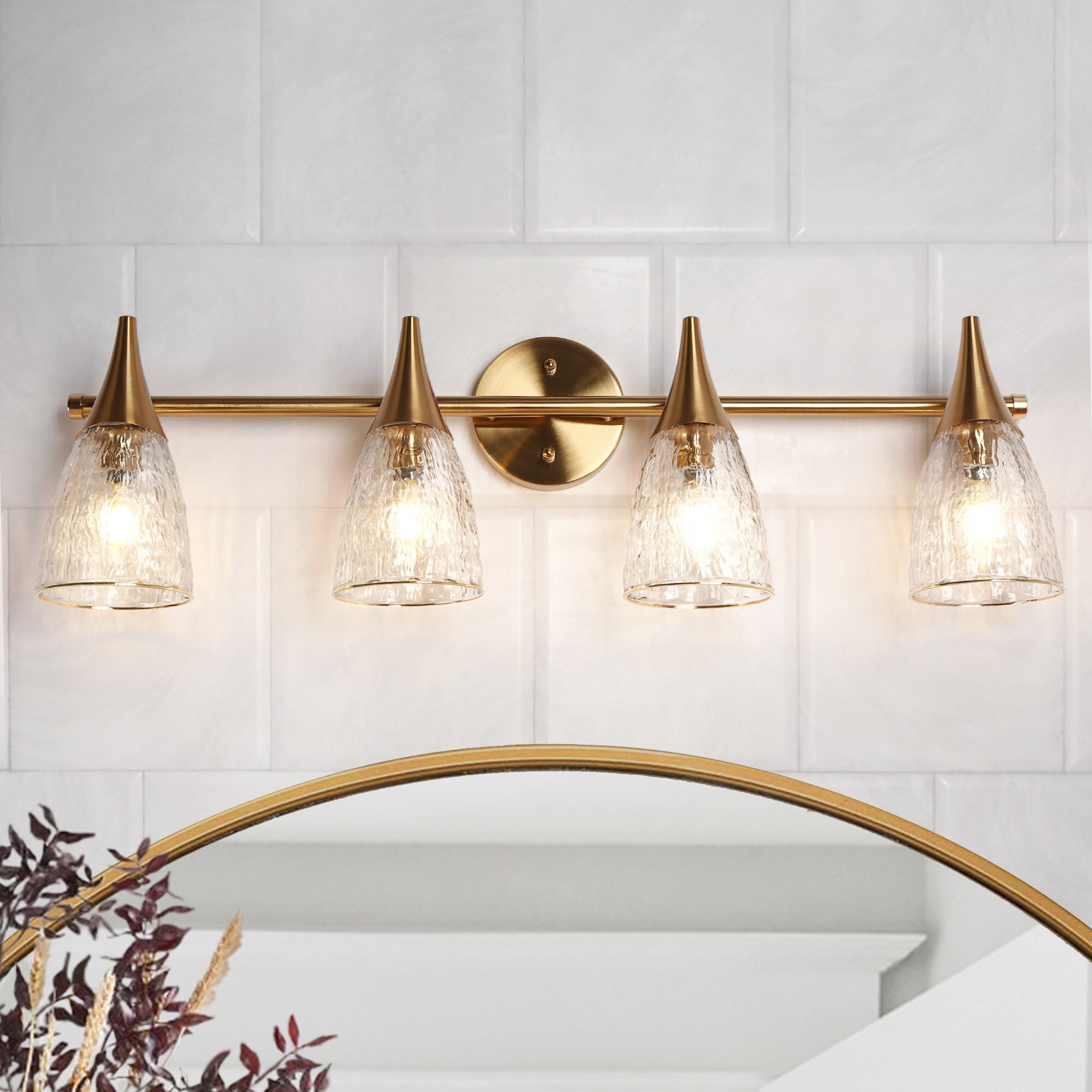 Modern 4-Light Gold Bathroom Vanity Light Textured Glass Wall Sconce - L29" x W6.3" x H8.7"