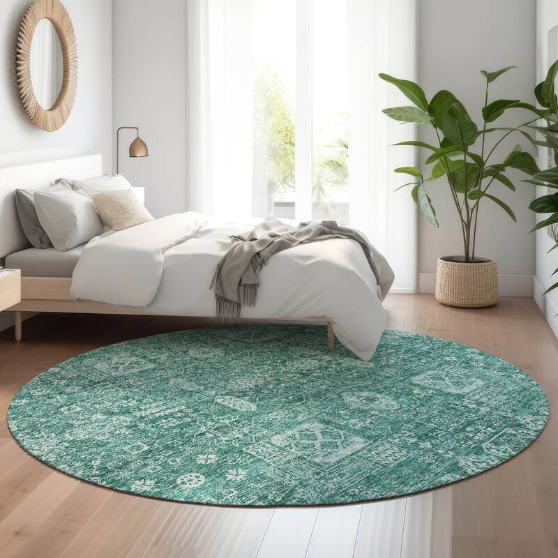 Premium Washable Super Soft Traditional Persian Mayfield Rug - Teal - 8' x 8' - Round