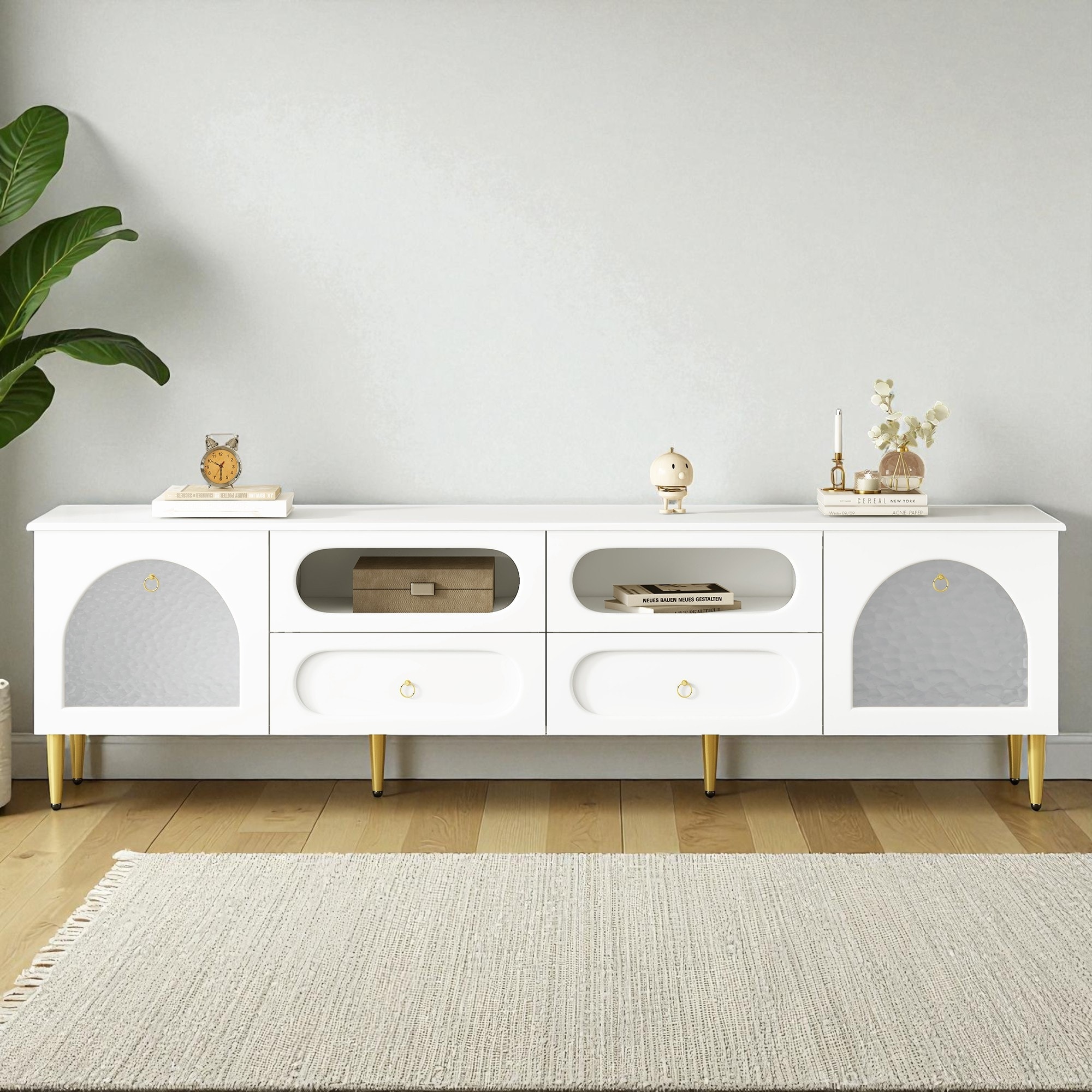 78.8'' Retro TV Stand for TVs up to 85'', Modern Media Console with 2 Cabinets, 4 Drawers, Glass Doors & Metal Legs