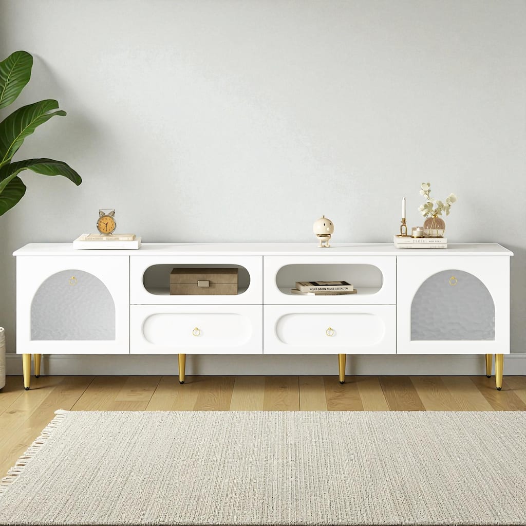 78.8'' Retro TV Stand for TVs up to 85'', Modern Media Console with 2 Cabinets, 4 Drawers, Glass Doors & Metal Legs