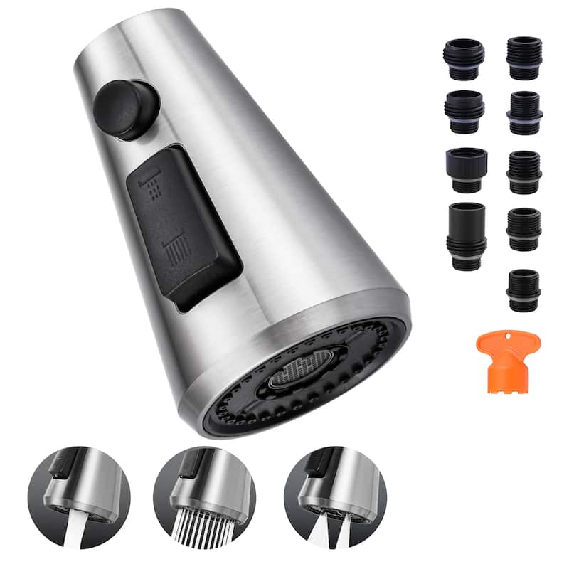 WOWOW Stainless Steel Kitchen Sprayer Head - 3 Modes with 9 Adapters - Brushed Nickel