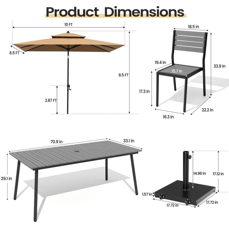 9PC Outdoor Patio Dining Set Wood-Like Aluminum Table with Stackable Chairs,Double Top Market Umbrella and Wheel Base