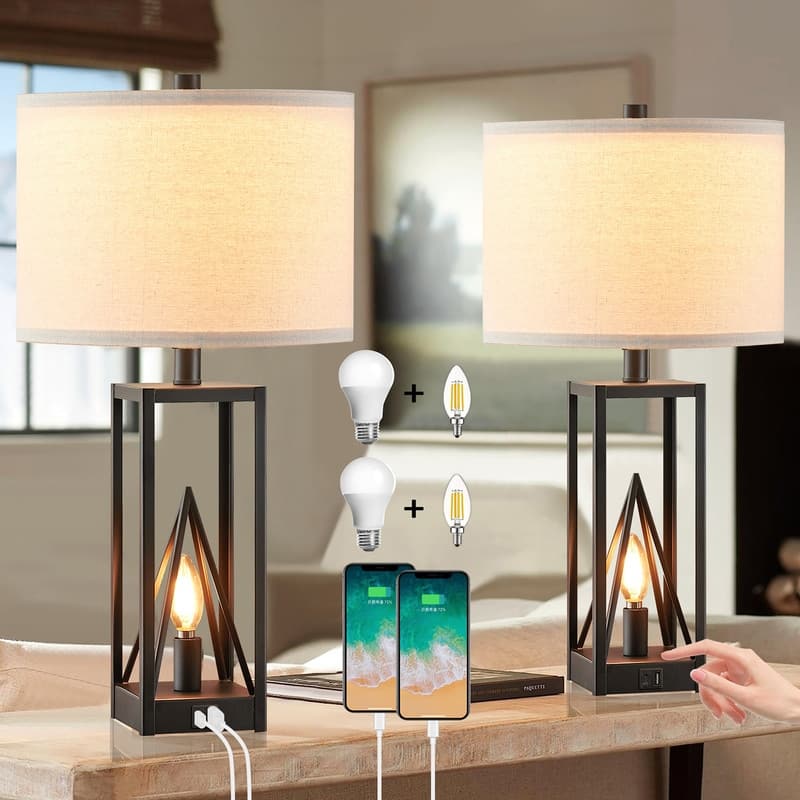 KAWOTI 23.5” Touch Control Table Lamp Set with USB Port, Night Light and Bulbs - W12" * H23.5" - W12" * H23.5"