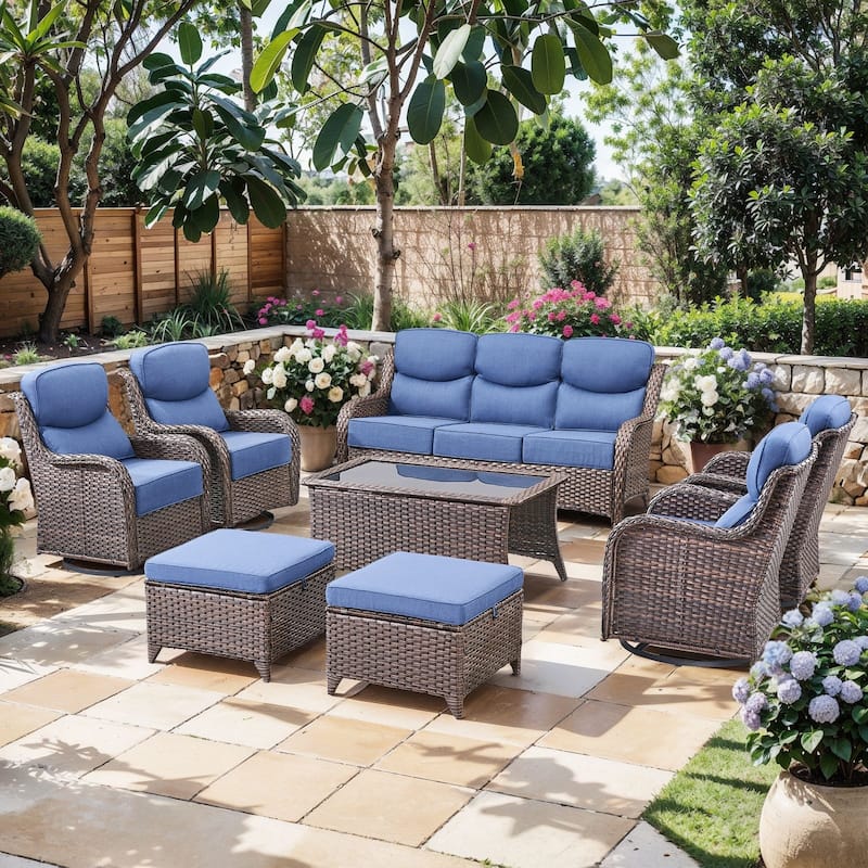 Pocassy Outdoor Patio Furniture Sofa Swivel Chairs Sets - Brown Wicker Blue Cushion - Sofa Swivel Chair with Ottoman Set of 8